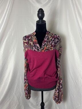Bisou Bisou Women's Mixed Media Sweater, Size Small, Burgundy with Floral Print
